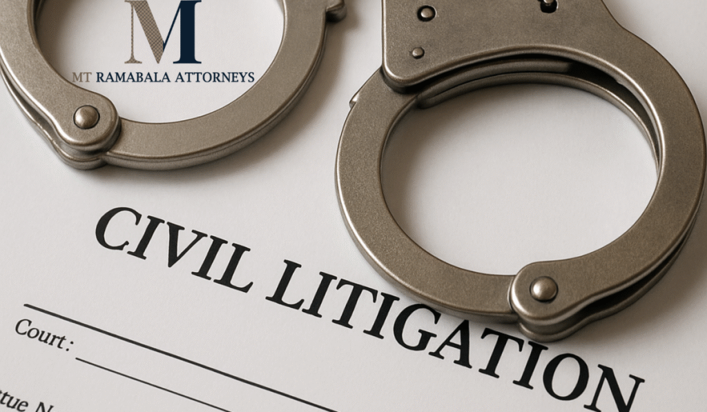 Handcuffs placed on top of legal court documents in a civil litigation case