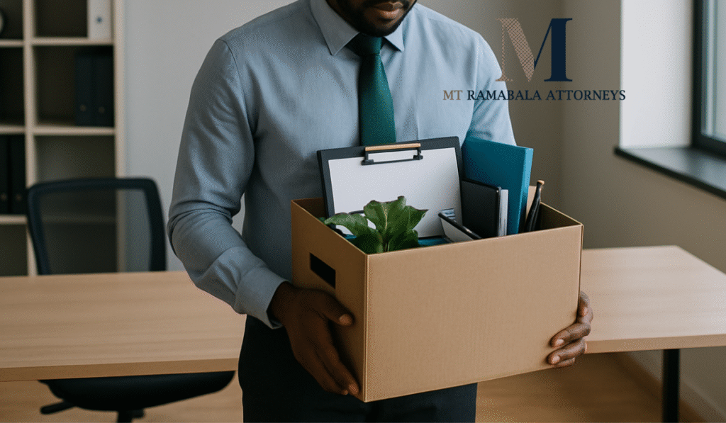 An office scene symbolizing unfair dismissal in South Africa, showing a man holding a box of personal belongings after losing his job.