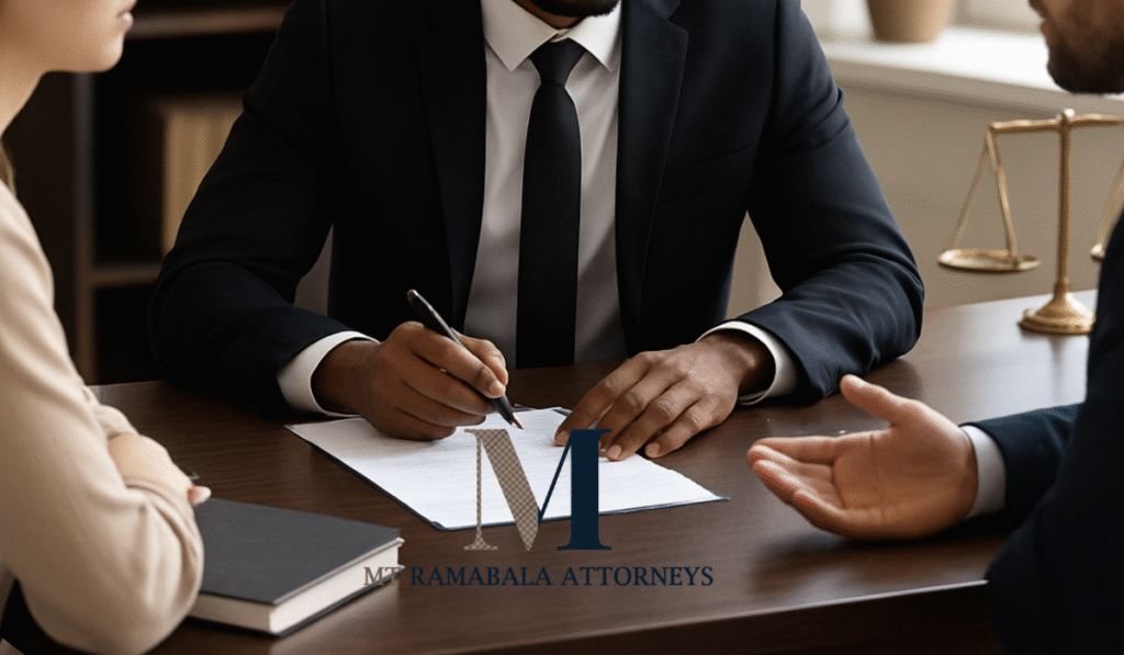 Professional meeting between a lawyer and two clients discussing a civil dispute in a modern office setting.