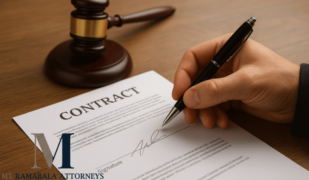 Close-up of a hand signing a business contract with a pen, with a gavel in the background.