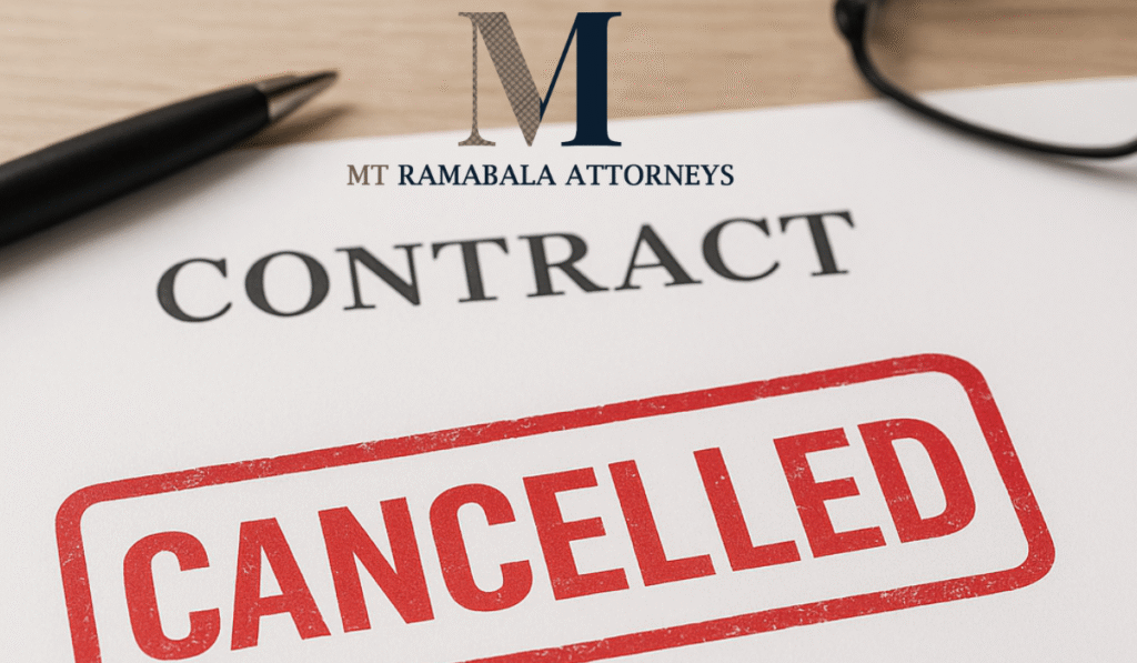 A close-up of a legal contract with a bold red “CANCELLED” stamp across the page, indicating the agreement is no longer valid.