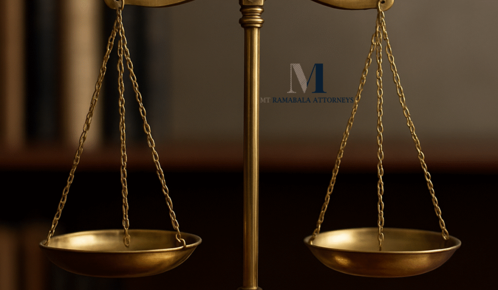 Balanced brass scales of justice on a wooden desk with law books in the background.